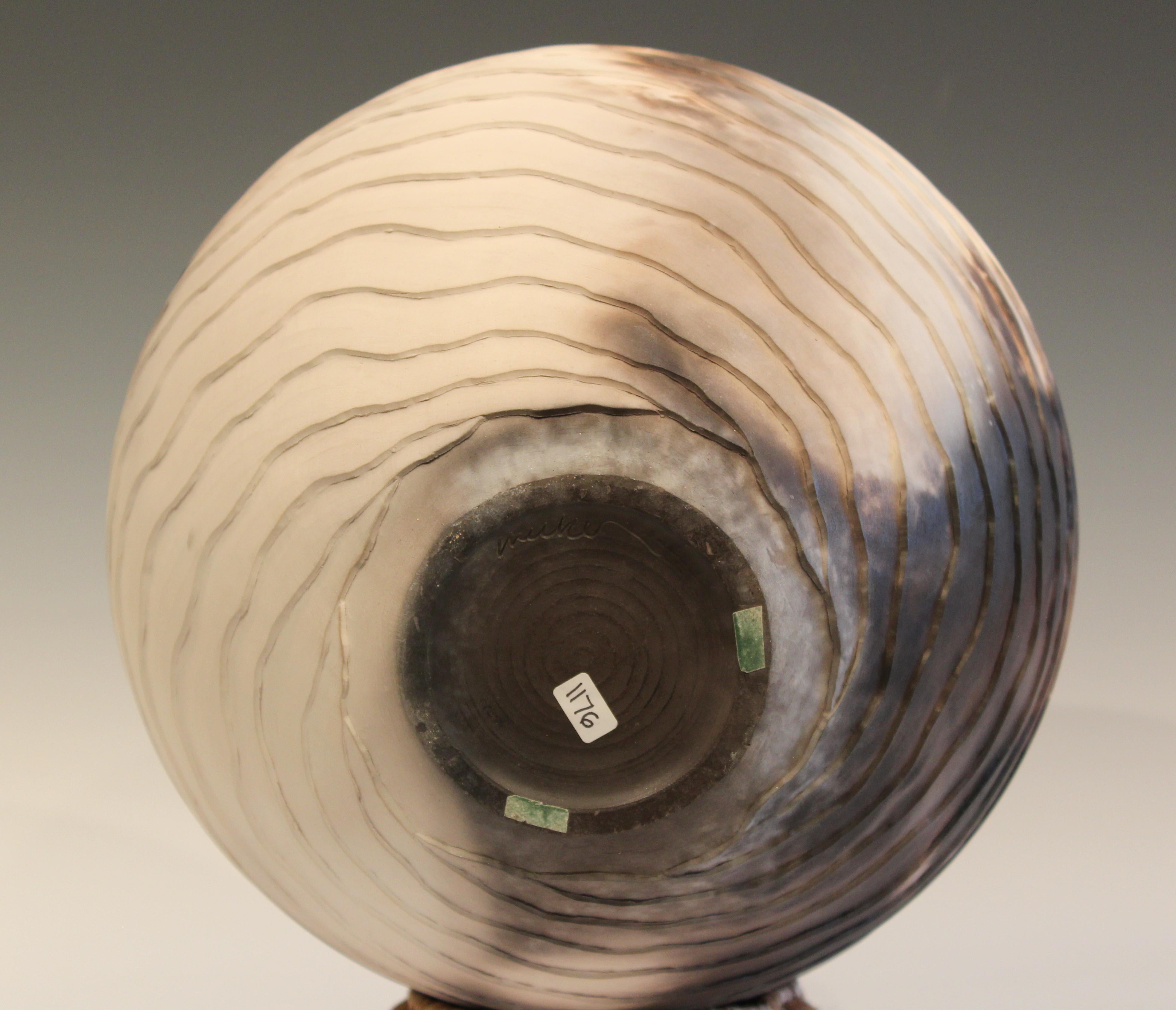 Late 20th Century Nancee Meeker Studio Pottery Large Raku Pit Fired Organic Ledges Vase Signed