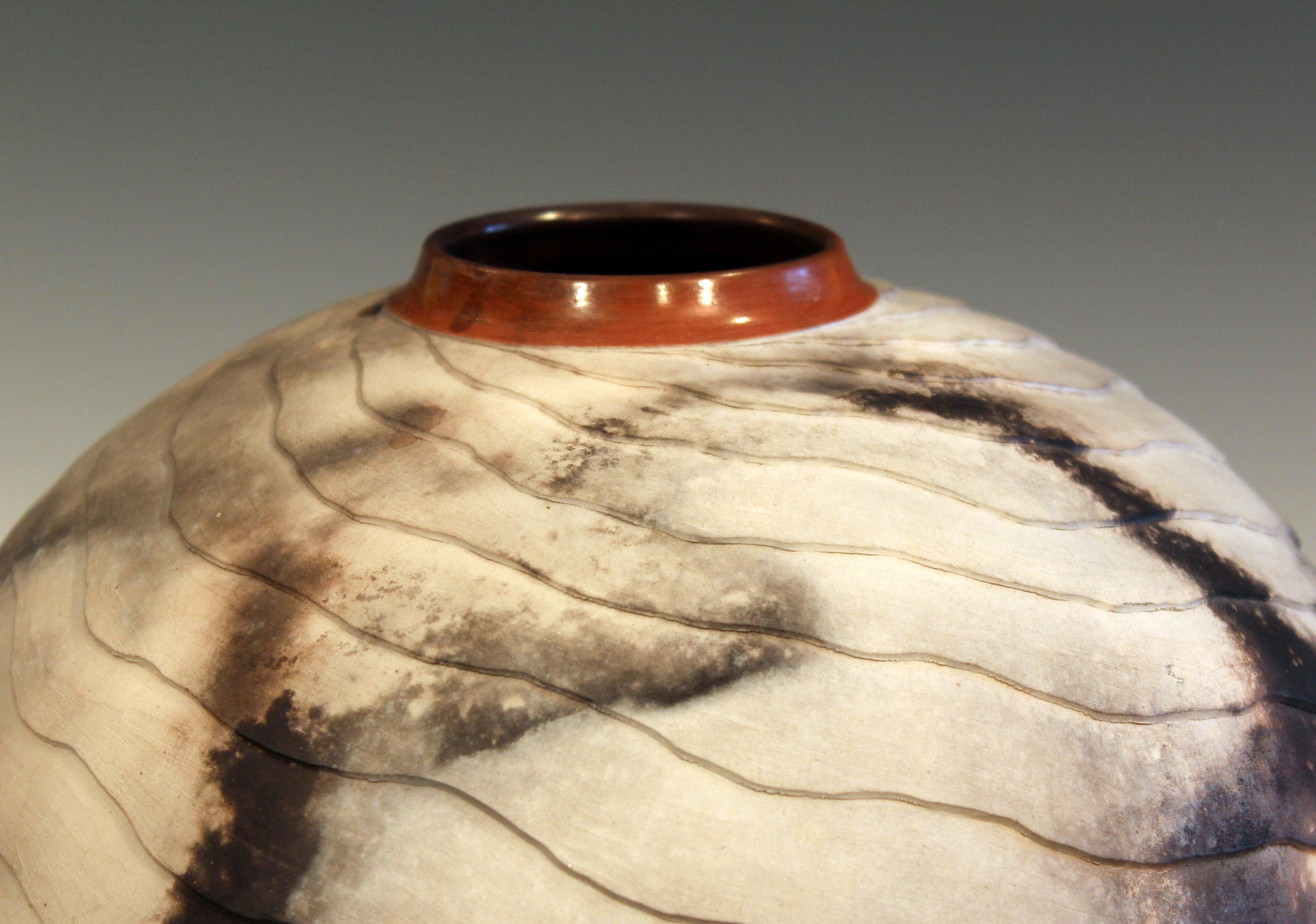 Nancee Meeker Studio Pottery Large Raku Pit Fired Organic Ledges Vase Signed 2