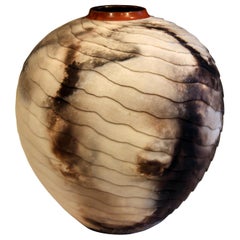 Vintage Nancee Meeker Studio Pottery Large Raku Pit Fired Organic Ledges Vase Signed