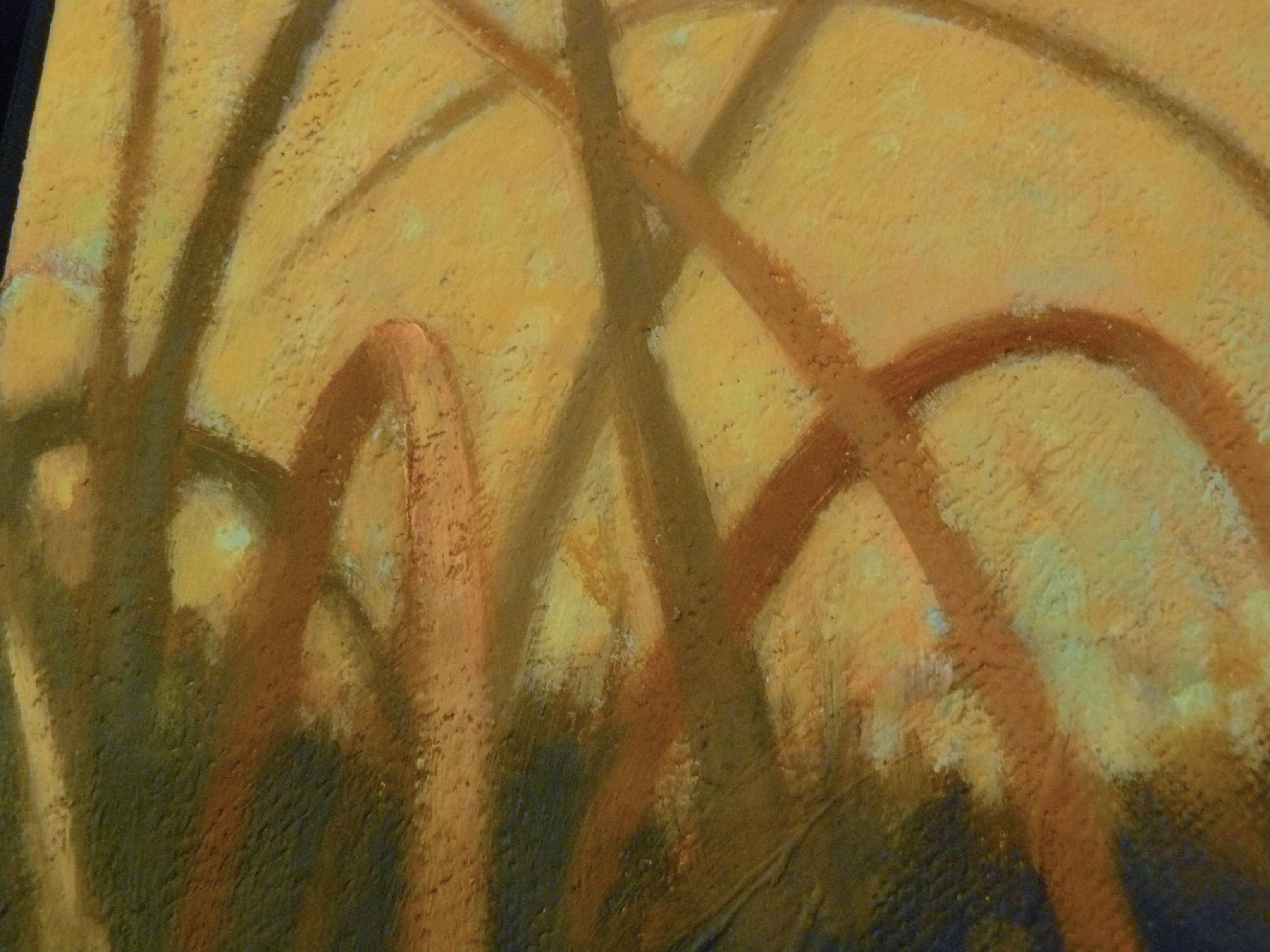 Uno di una serie di paesaggi stratificati e intricati. Questa sembra molto autunnale e la forma verticale dell'albero ti porta su e oltre la collina.  Incorniciato in una cornice nera contemporanea ad illusione e pronto ad apparire sulla tua parete.