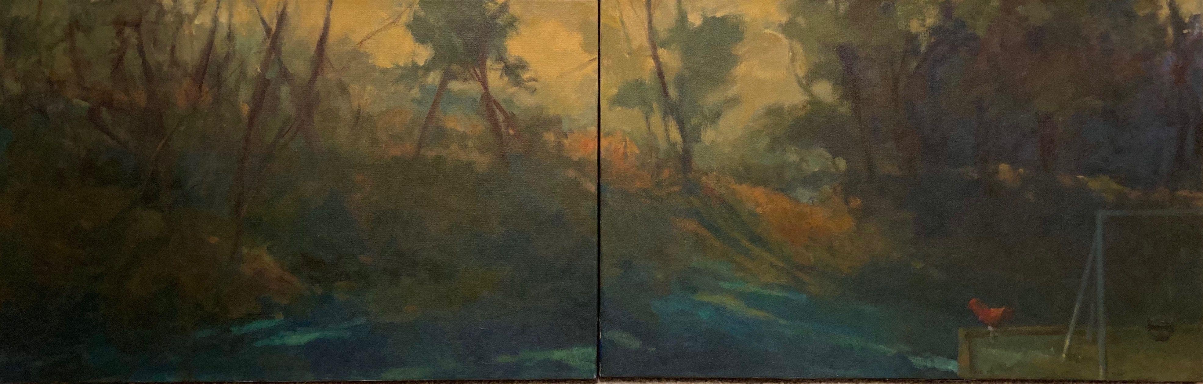 This diptych explores a playground at dusk, when the swings and riding toy are abandoned waiting for the children to return. This time of day has always been my favorite for painting landscapes.  When my daughter was young, we used to frequent this