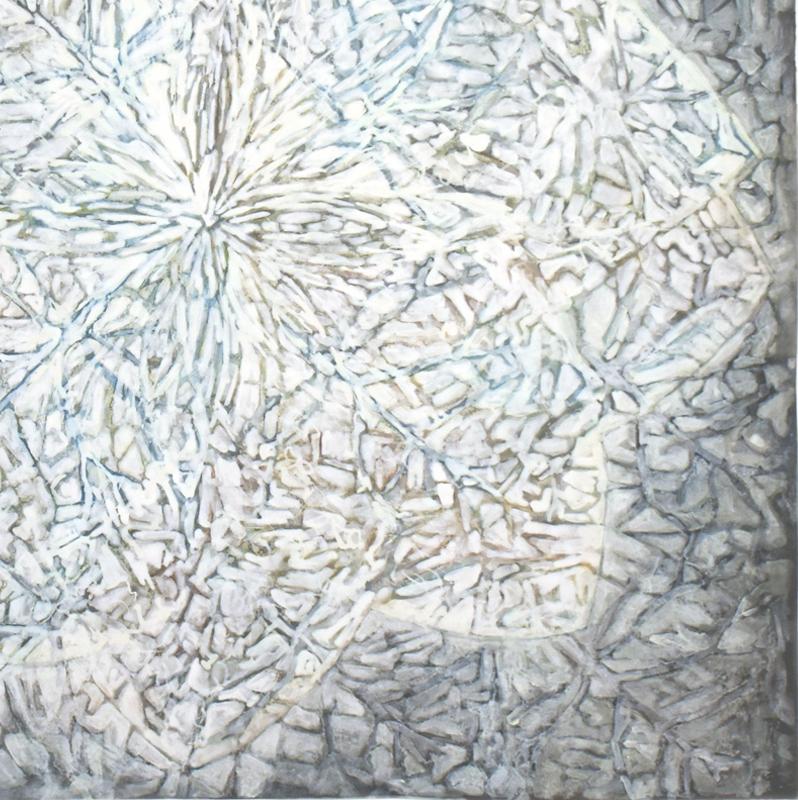 Francesca 7: pintura abstracta, azul y blanco con materiales naturales sobre papel negro - Art de Nancy Agati