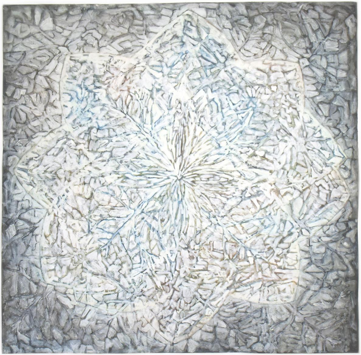 Francesca 7: Abstraktes Gemälde, blau-weiß mit natürlichen Materialien auf schwarzem Papier