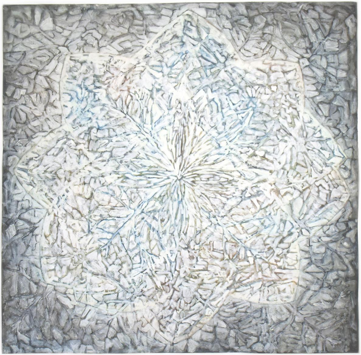Francesca 7: Abstraktes Gemälde, Blau-Weiß mit natürlichen Materialien auf schwarzem Papier