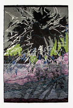 Rally or Risk: large dramatic abstract painting on black paper w/ green, pink