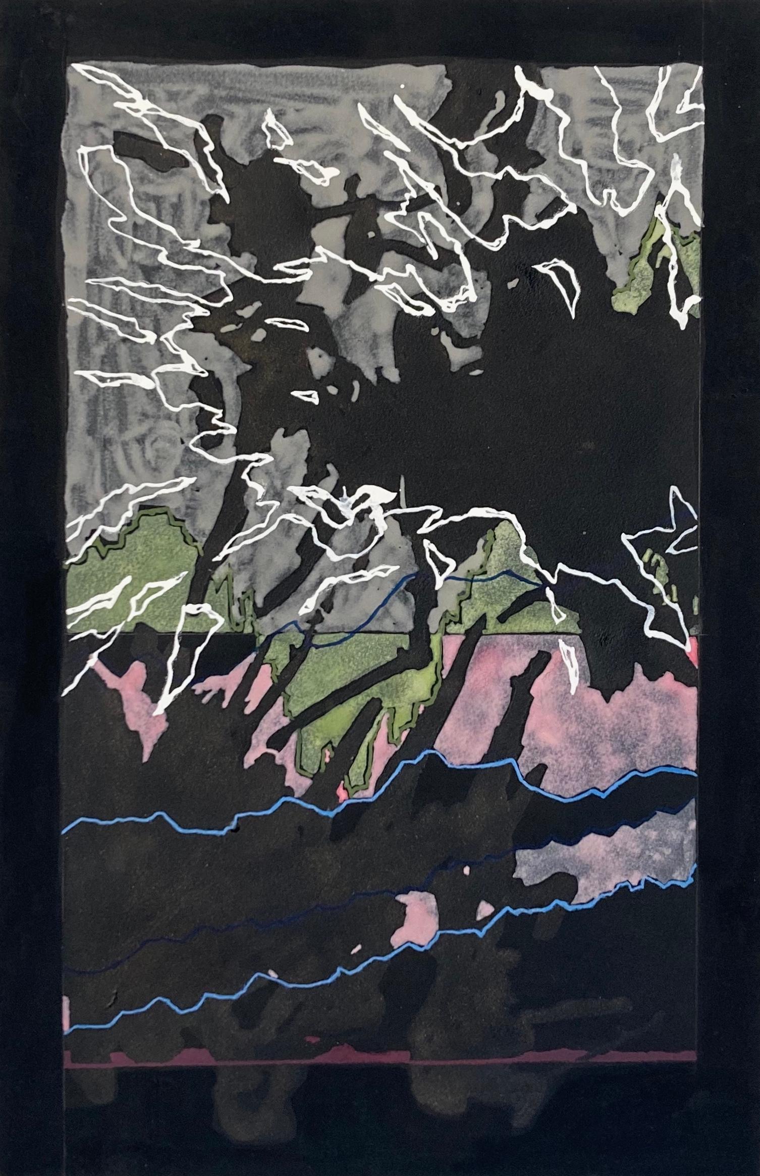 Traces 1: abstract painting/drawing on black paper w/ pink & blue gestural lines