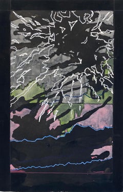 Traces 3: abstract painting/drawing on black paper w/ pink & blue gestural lines