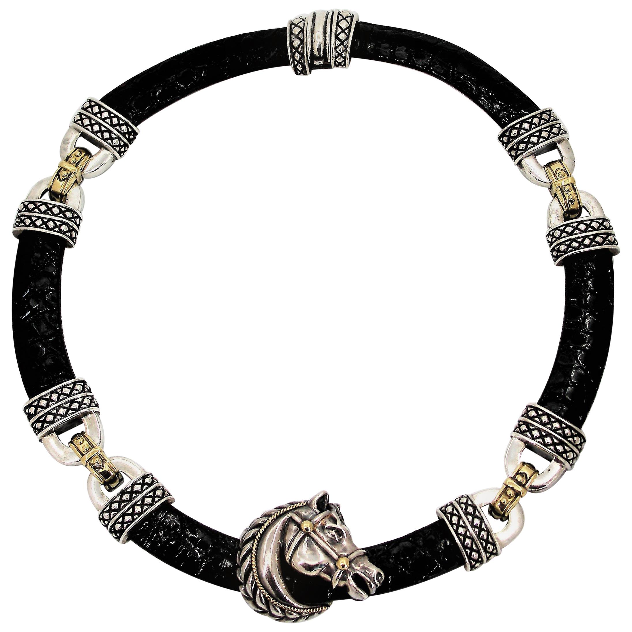 Nancy and David Silver, Gold and Black Leather Horse Necklace