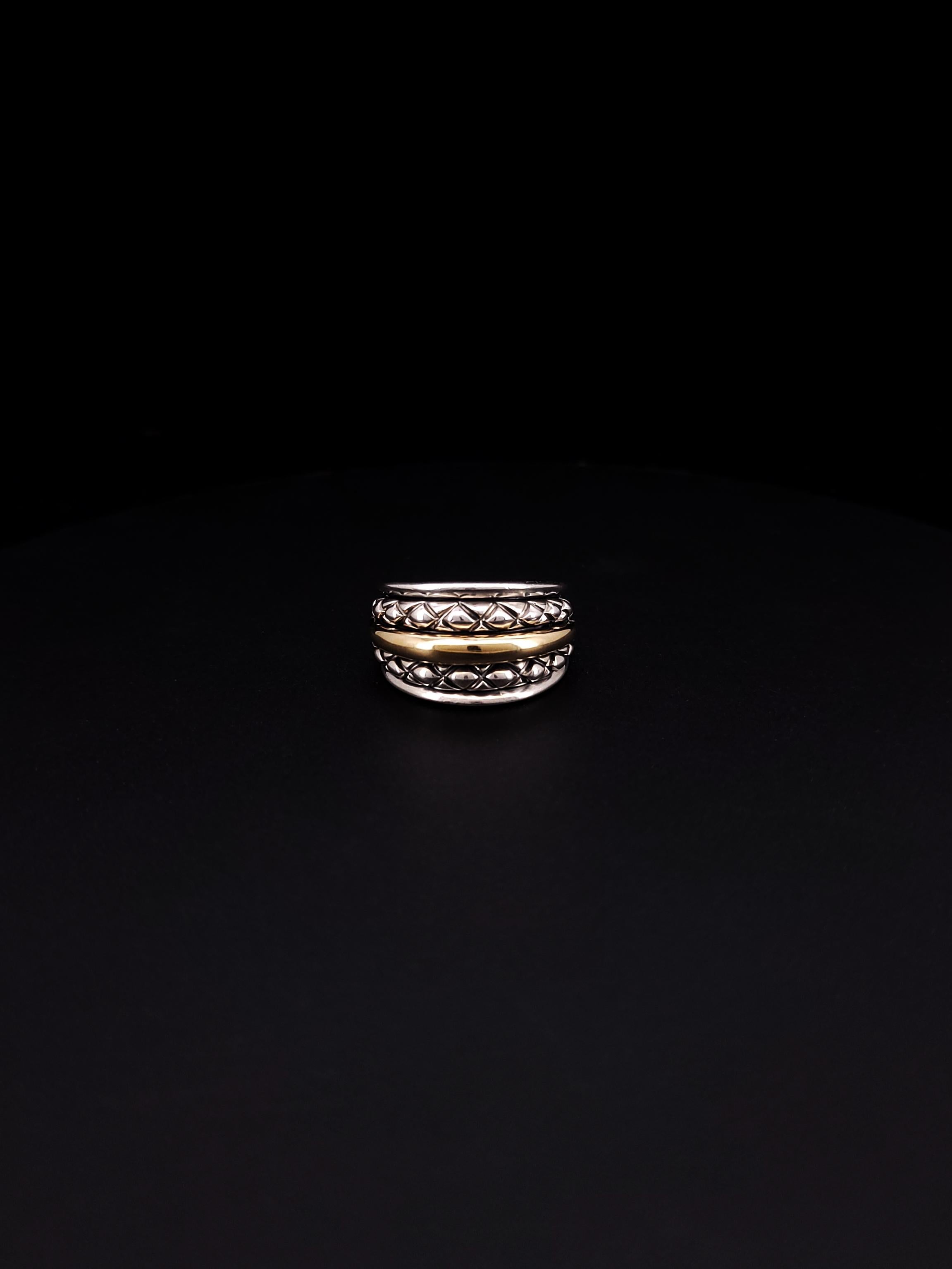 This is a vintage two-tone ring by Nancy and David in sterling silver & 14k yellow gold.
Antique style, with a unique taste.
Stamped: 