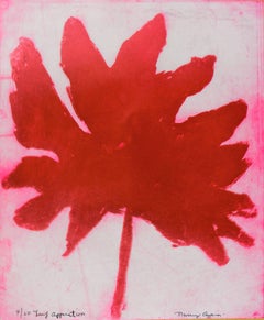 "Leaf Apparition", abstract plant-study aquatint and etching print, deep red.