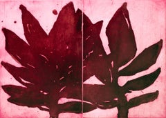 "Red Twins", abstract plant-study aquatint, etching print, deep red.