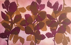 "Wild Witch Hazel 11", abstract aquatint print plant study, ochre and violet.