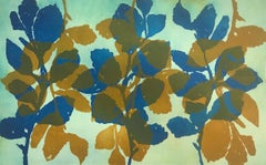 "Wild Witch Hazel 20", abstract aquatint print plant study, yellow ochre, blue.
