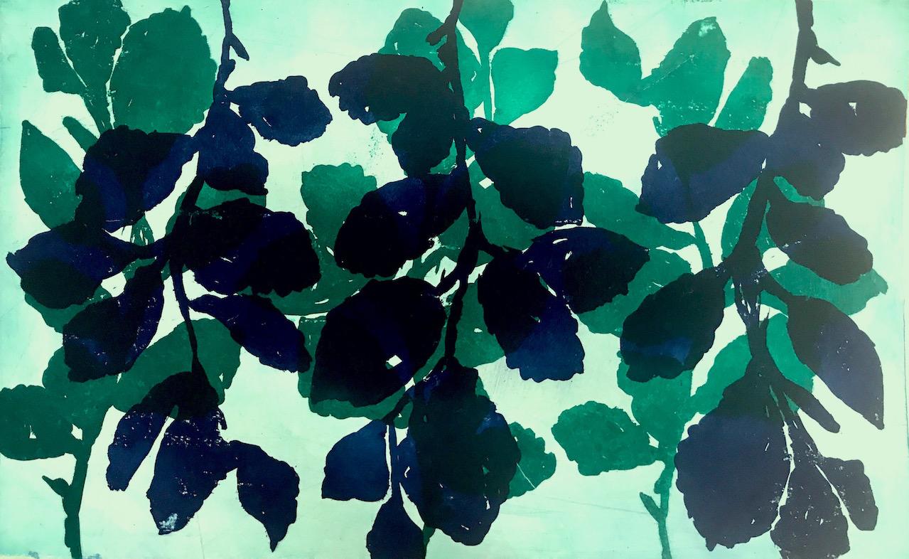 Nancy Azara Landscape Print - "Wild Witch Hazel 21", abstract aquatint print plant study, green, deep blue.