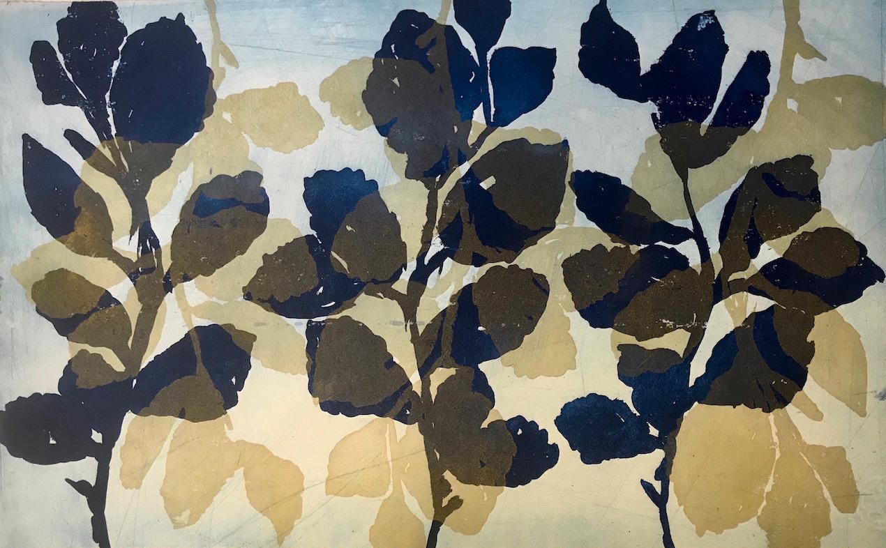 Nancy Azara Landscape Print – "Wild Witch Hazel 3", abstract aquatint monoprint plant study, deep blue, gold.