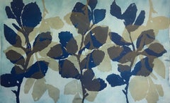 "Wild Witch Hazel 5", abstract aquatint monoprint plant study, deep blue, gold.