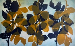 "Wild Witch Hazel 6", abstract aquatint print plant study, yellow ochre, blue.