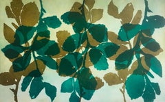 "Wild Witch Hazel 7", abstract aquatint print plant study, umber, deep green .