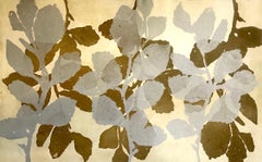 "Wild Witch Hazel 8", abstract aquatint print plant study, raw umber and silver.