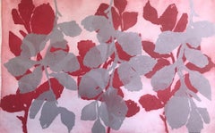 "Wild Witch Hazel 9", abstract aquatint print plant study, deep red and silver.