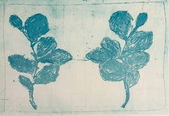 "Witch Hazel", sugar lift, aquatint etching leaf study print, turquoise, nature.