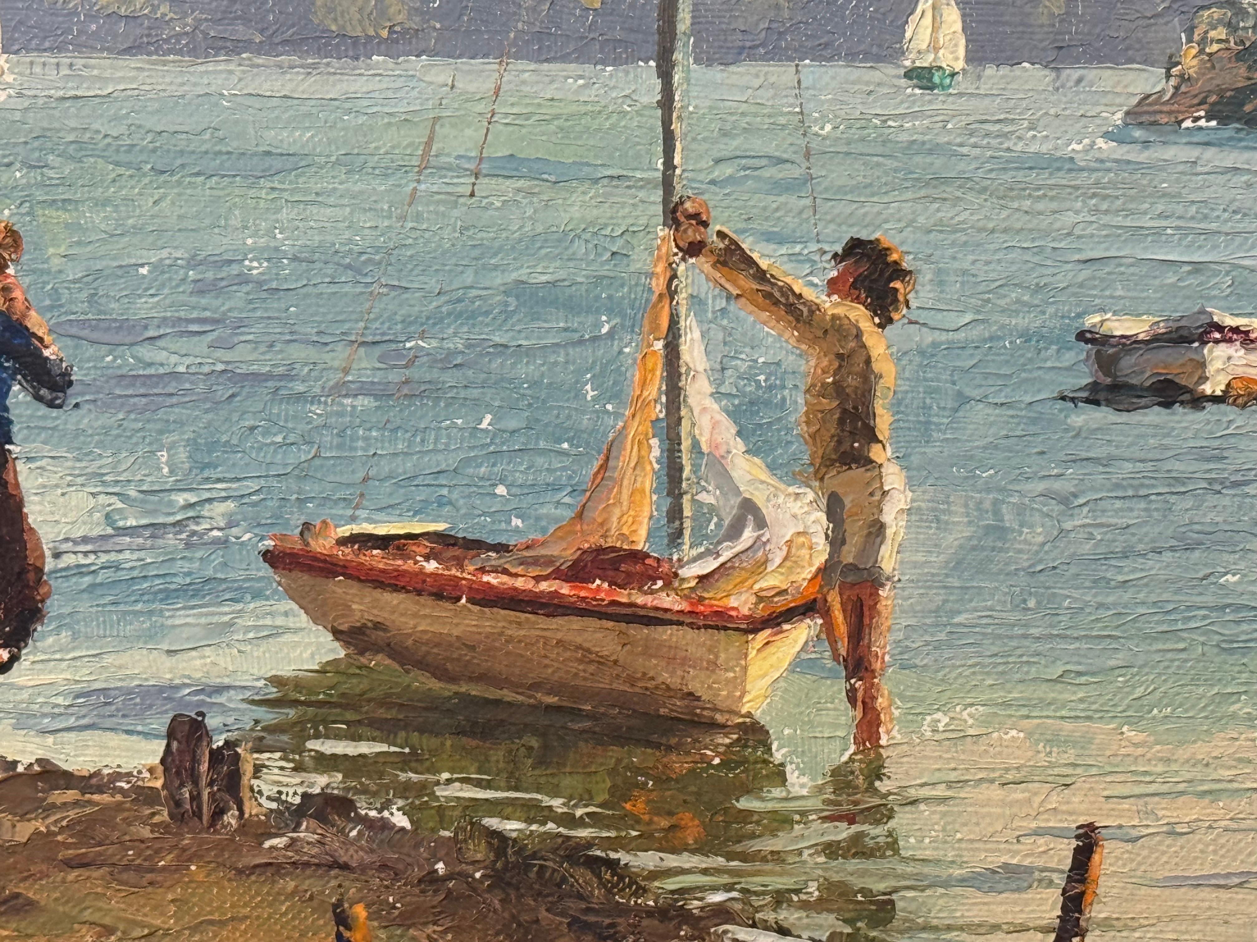 Scena costiera inglese con barche, acque di vongole, luce del sole e tranquilla vita di mare in vendita 9