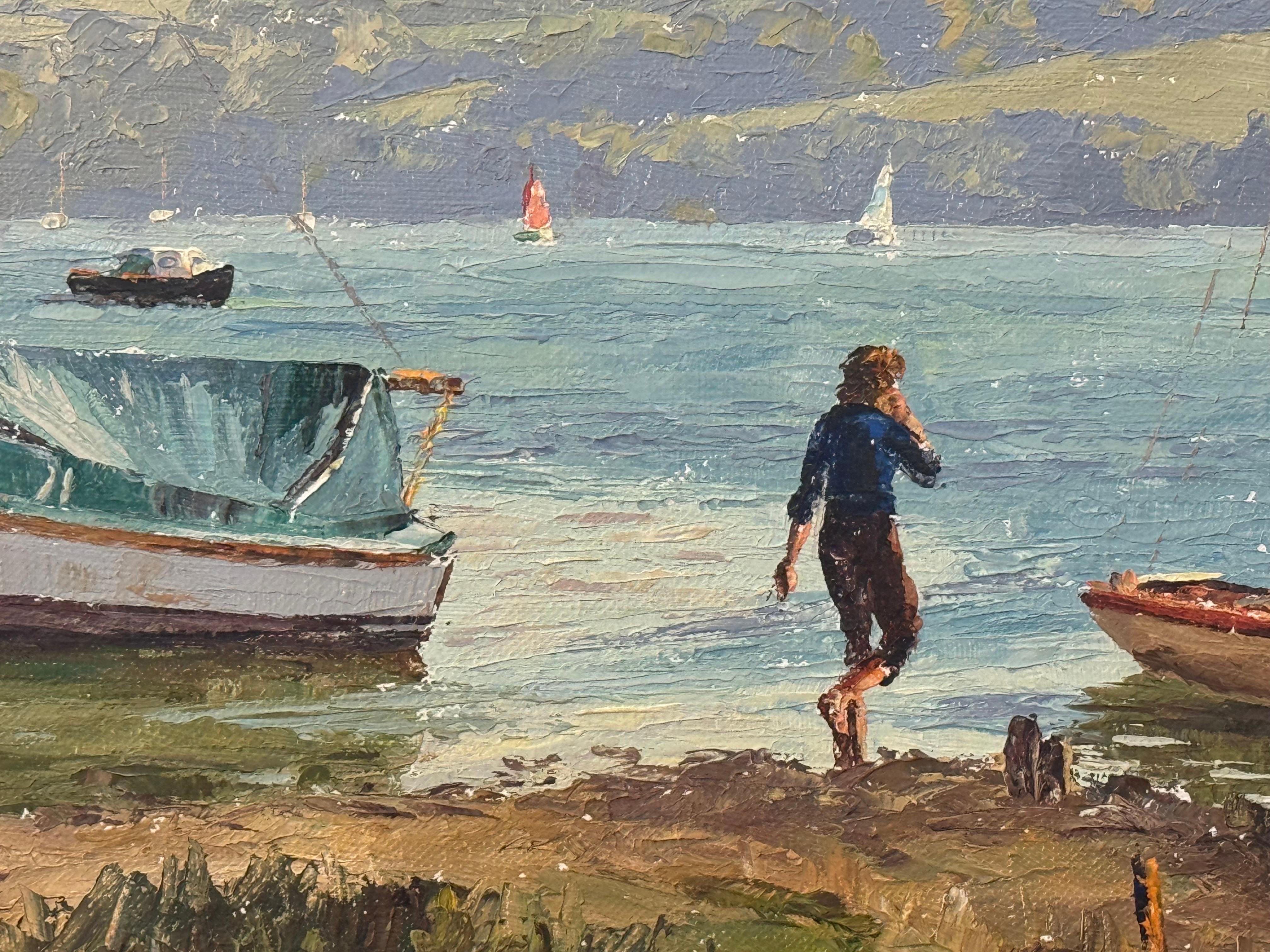 Scena costiera inglese con barche, acque di vongole, luce del sole e tranquilla vita di mare in vendita 10