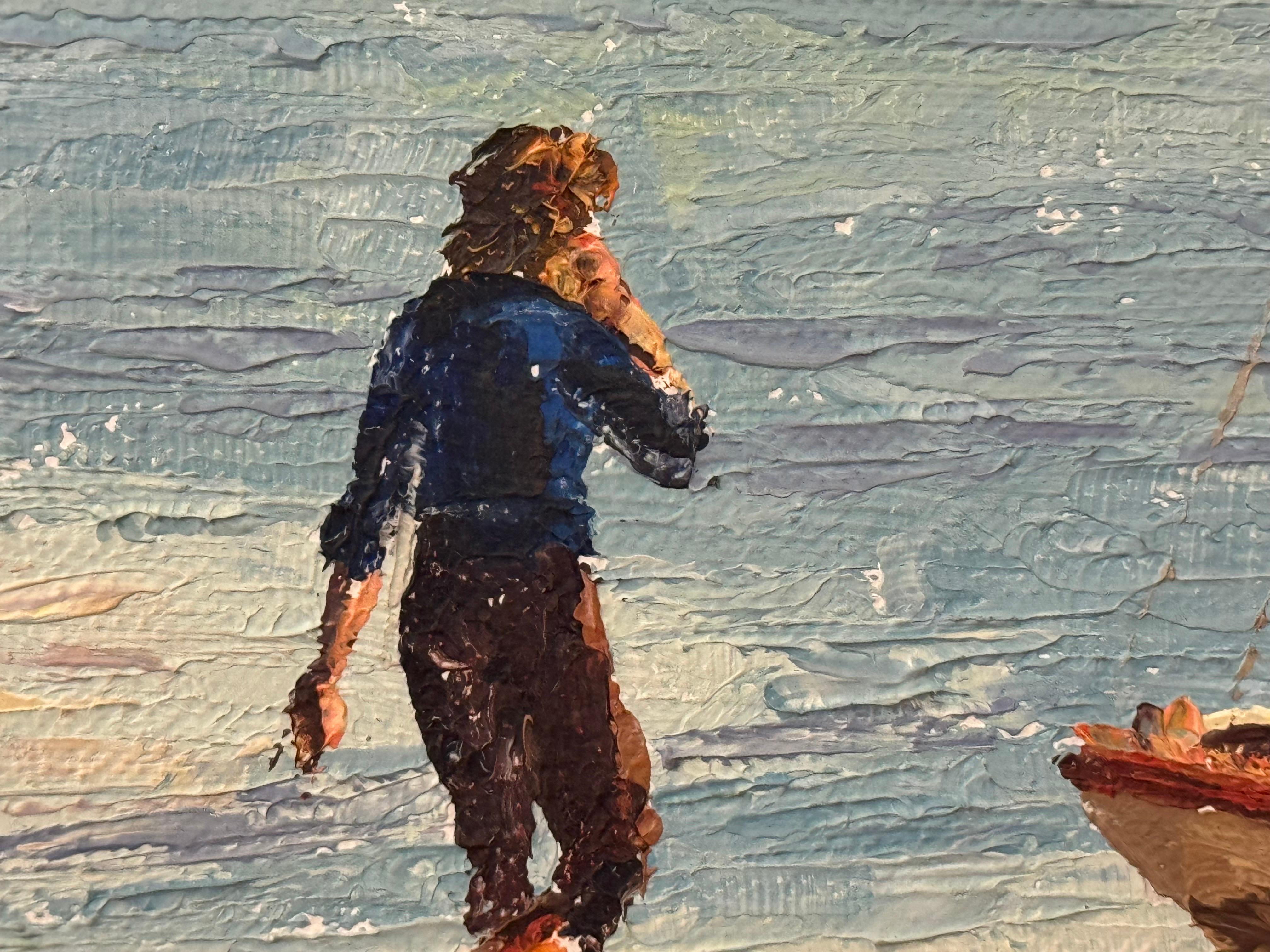 Scena costiera inglese con barche, acque di vongole, luce del sole e vita tranquilla in riva al mare dell'artista del XX secolo Nancy Bailey (britannica, 1913-2012)

L'arte misura 36 x 20 pollici 
La cornice misura 41 x 25 pollici 

Firmato,