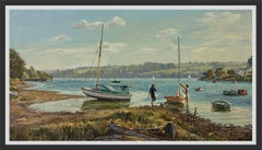 English Coastal Scene with Boats, Clam Waters, Sunlight & Peaceful Seaside Life