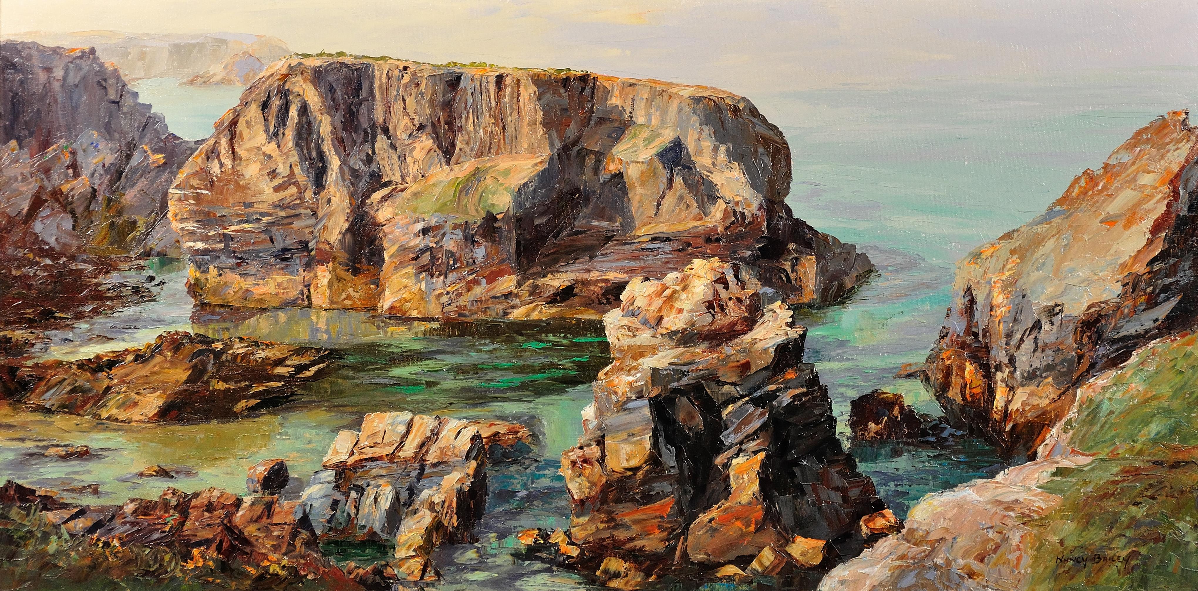 Marée basse Les vairons. Islands, Cornouailles. Padstow. Peinture à l'huile originale d'un paysage. - Painting de Nancy Bailey