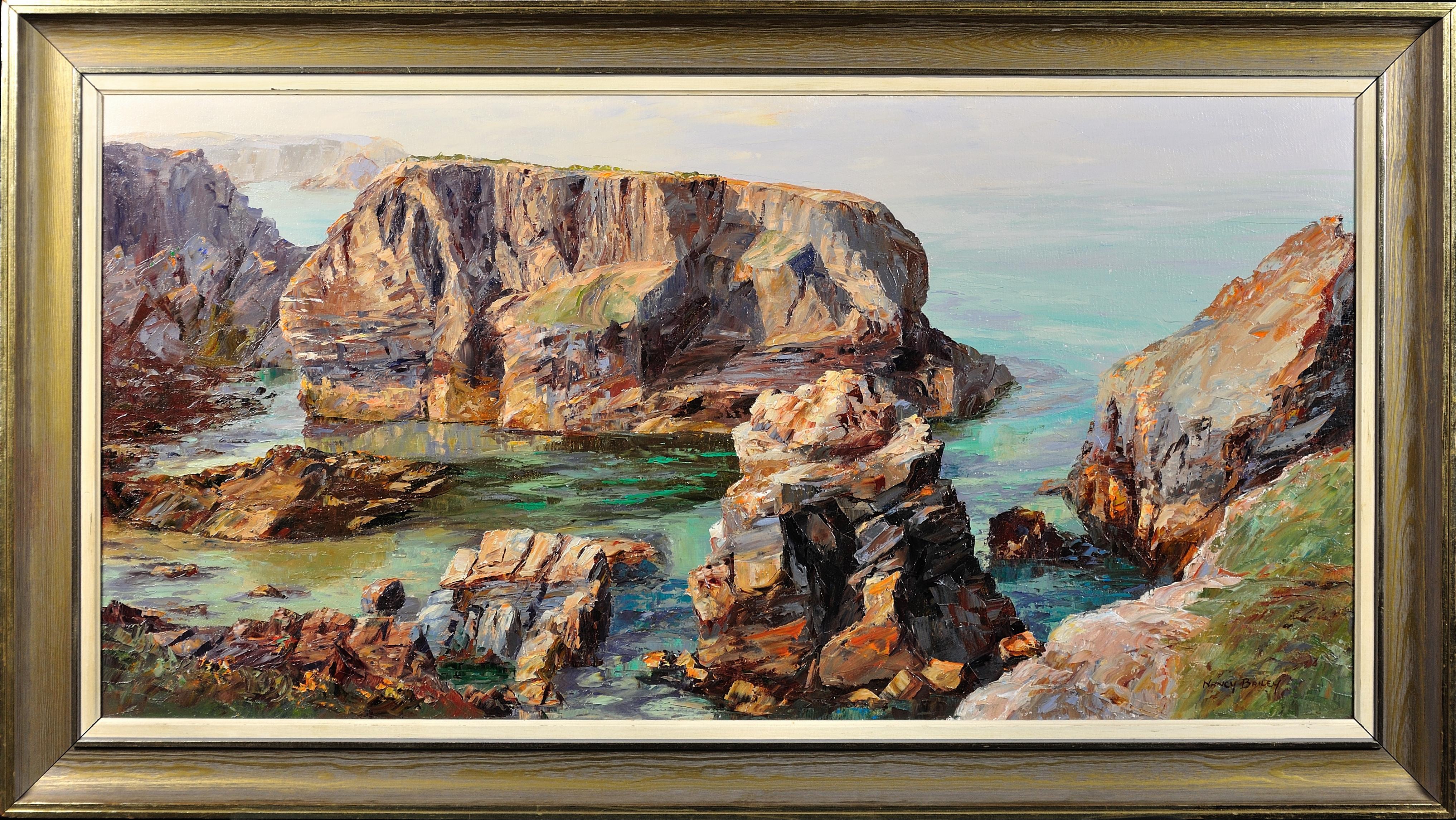 Landscape Painting Nancy Bailey - Marée basse Les vairons. Islands, Cornouailles. Padstow. Peinture à l'huile originale d'un paysage.