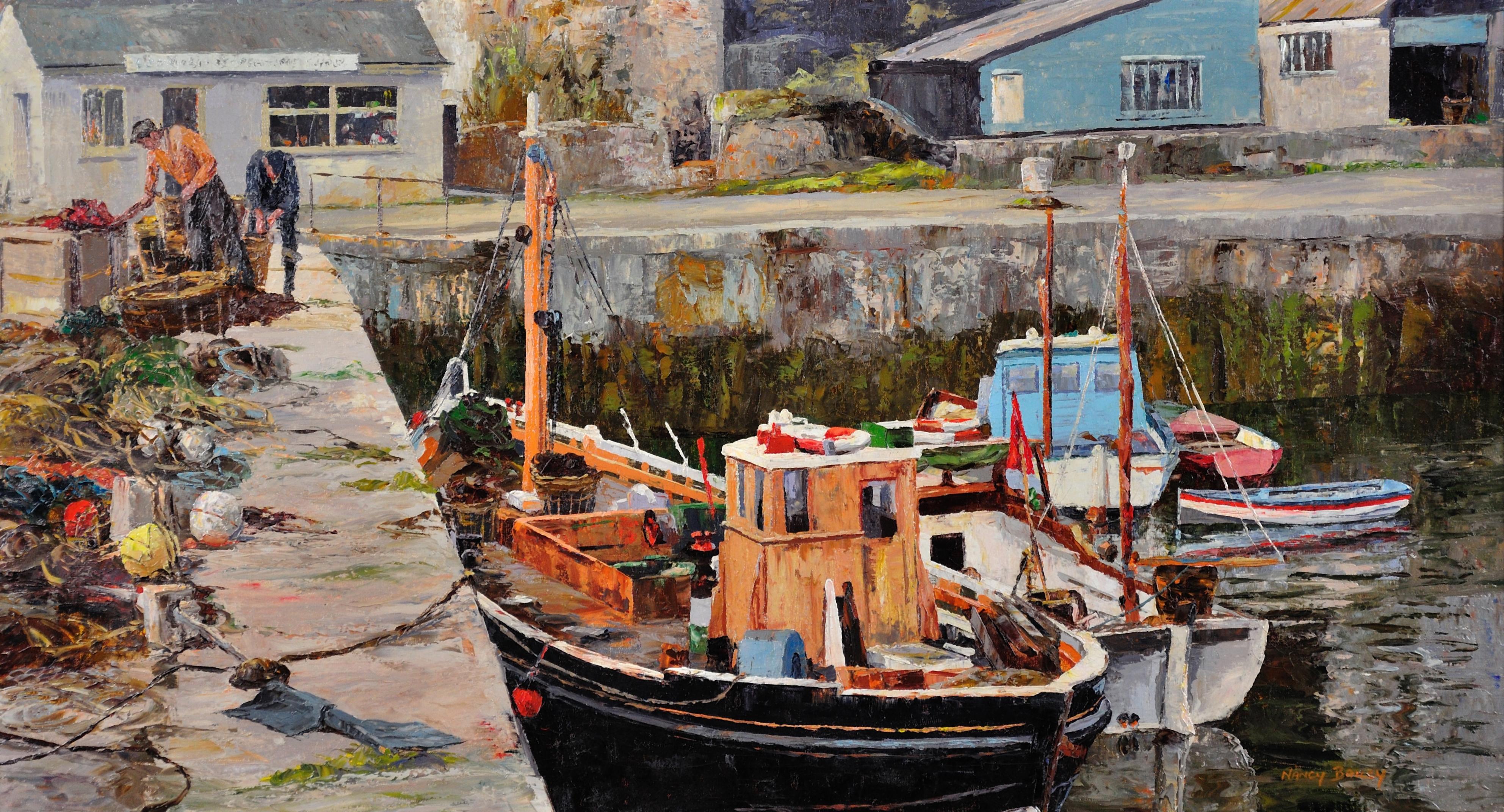 Working Boats, Porthleven, Cornwall.Coastal. Fishing Pots.Impasto.Harbor.Jetty. - Painting by Nancy Bailey