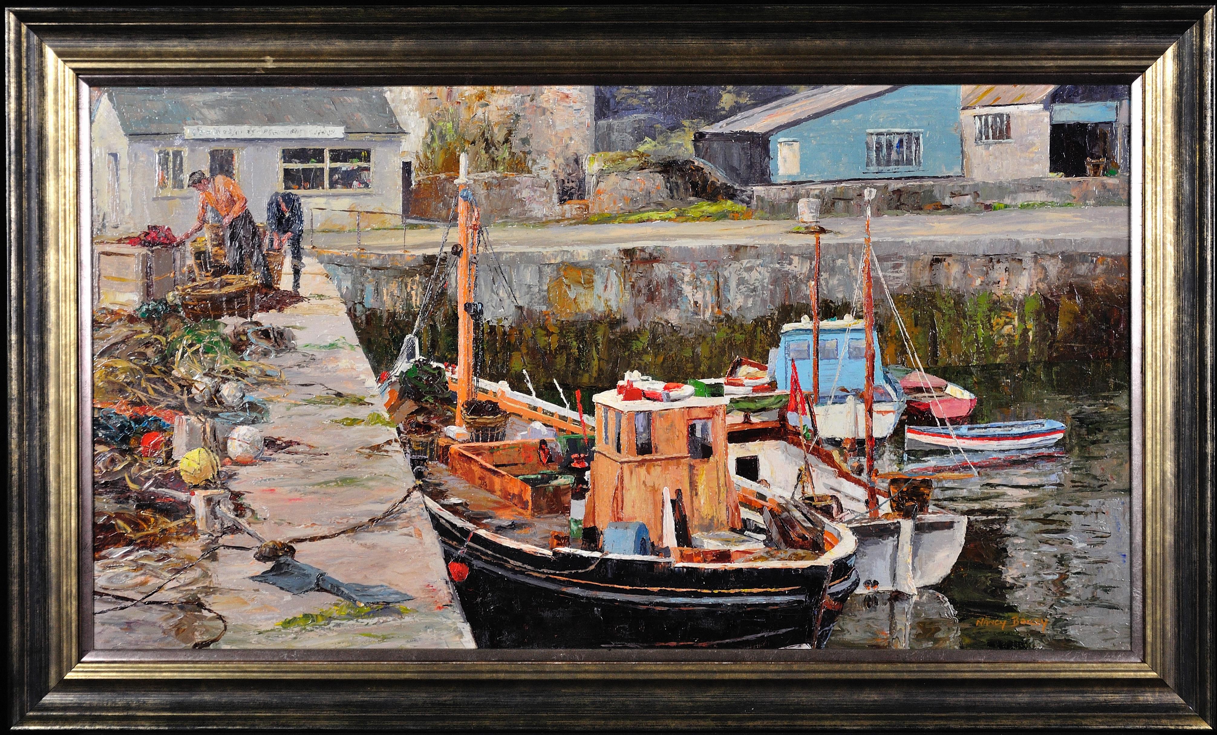 Nancy Bailey Landscape Painting - Working Boats, Porthleven, Cornwall.Coastal. Fishing Pots.Impasto.Harbor.Jetty.