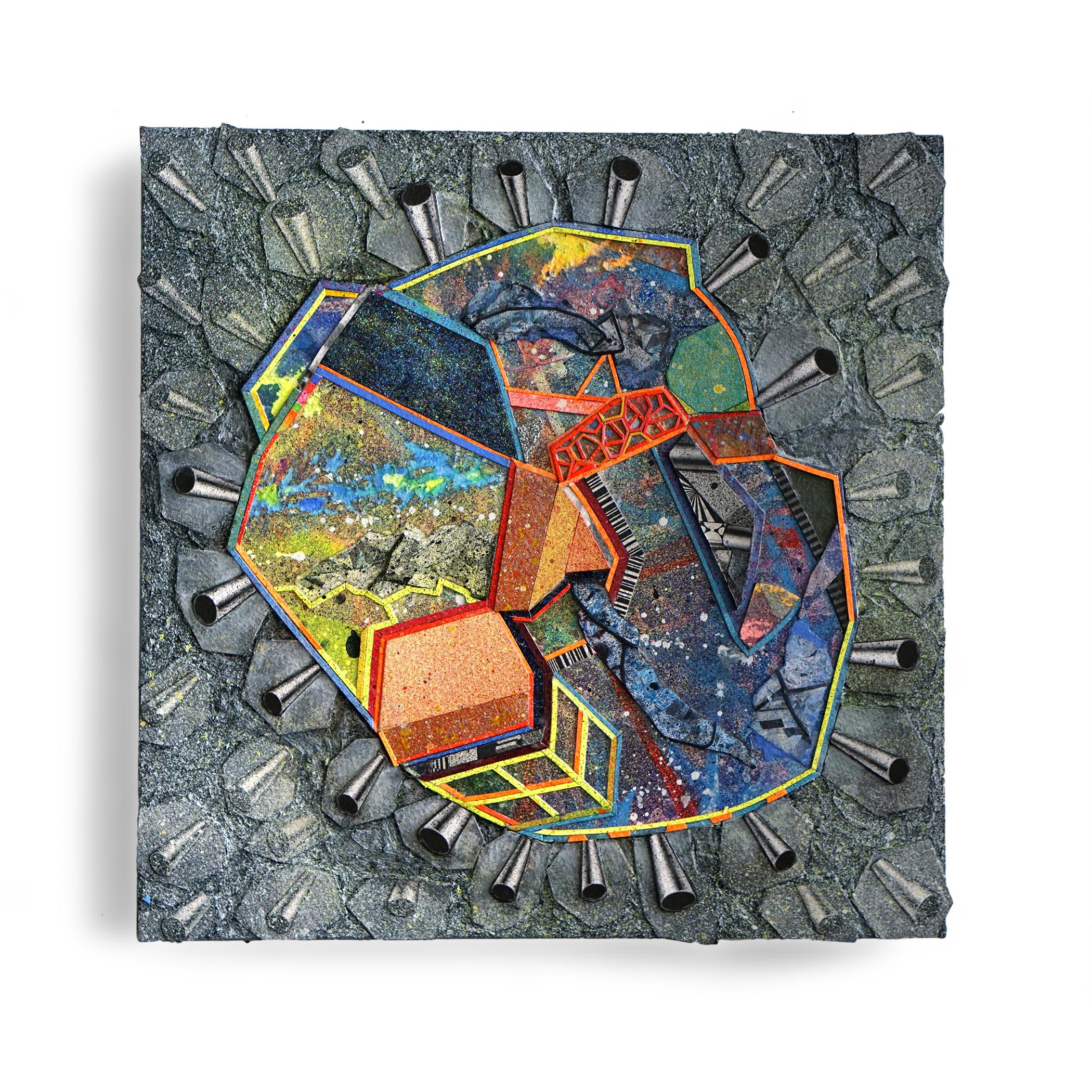 Nancy Baker, Cave, 2018, pittura, collage su tavola, 12 x 12 pollici