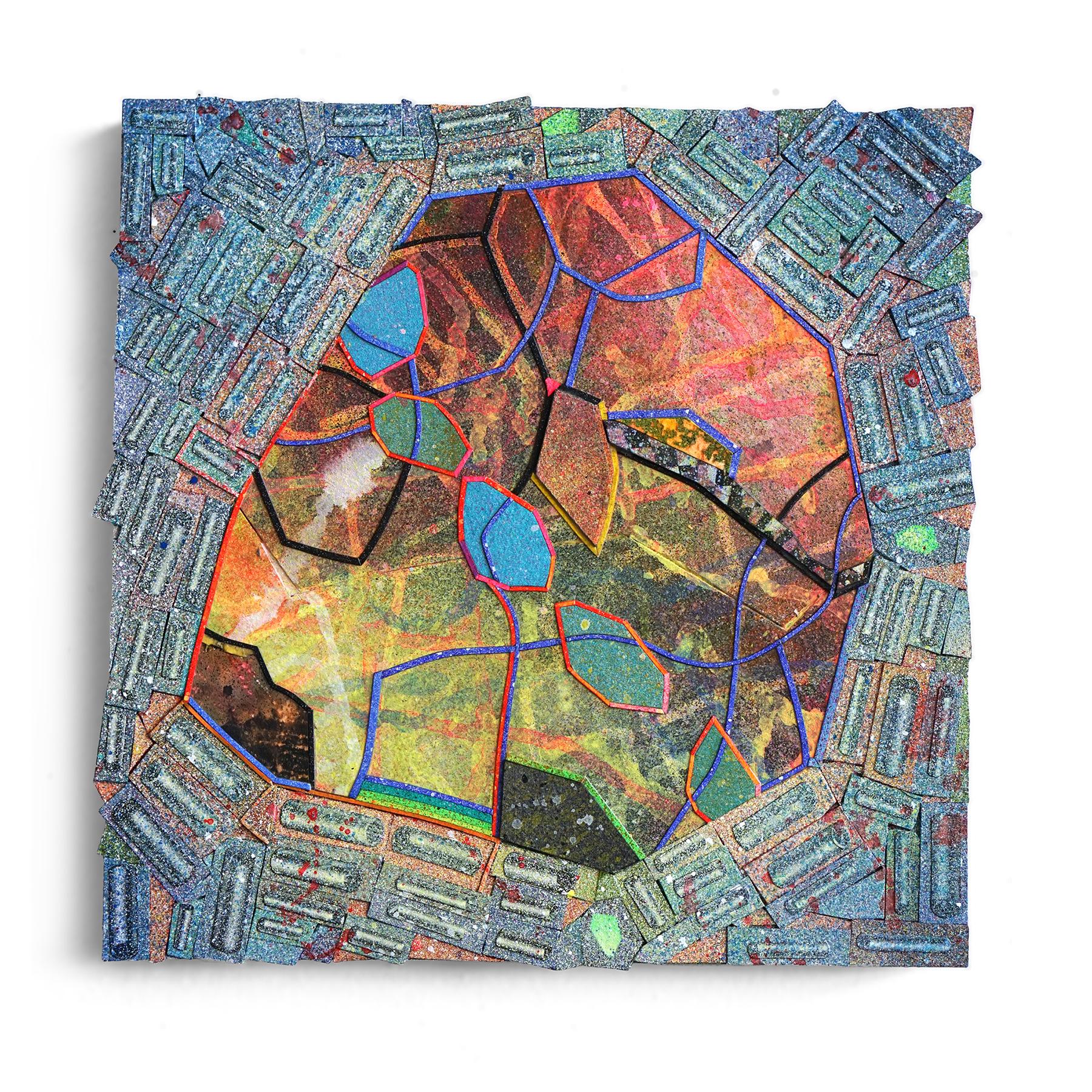 Nancy Baker, Lagoon 2018, pittura, collage su pannello, 12 x 12 pollici