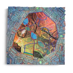 Nancy Baker, Laguna 2018, pintura, collage sobre panel, 12 x 12 pulgadas