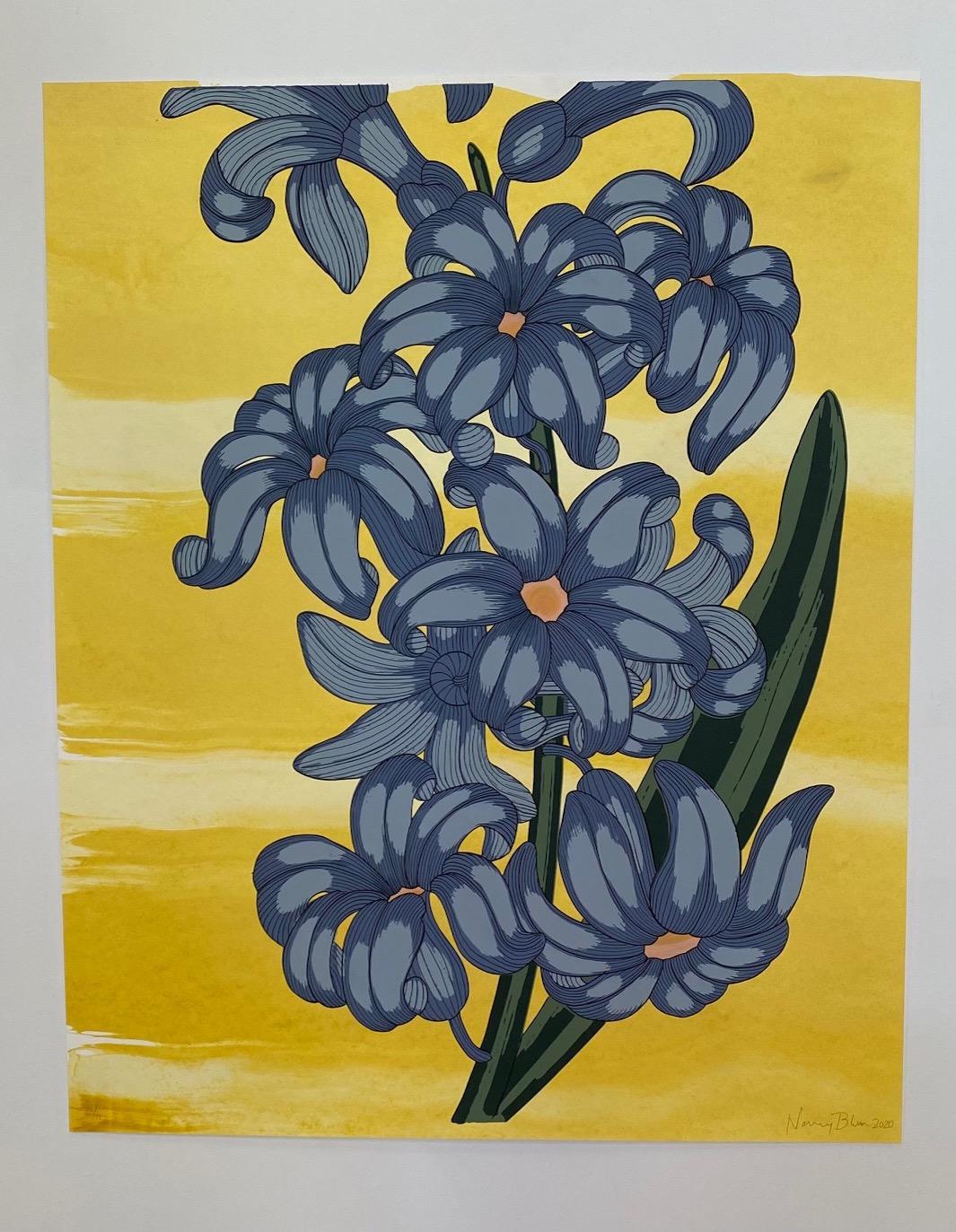 Blue on Gold, Botanical Silkscreen Print, Periwinkle Flower with Green on Yellow 9