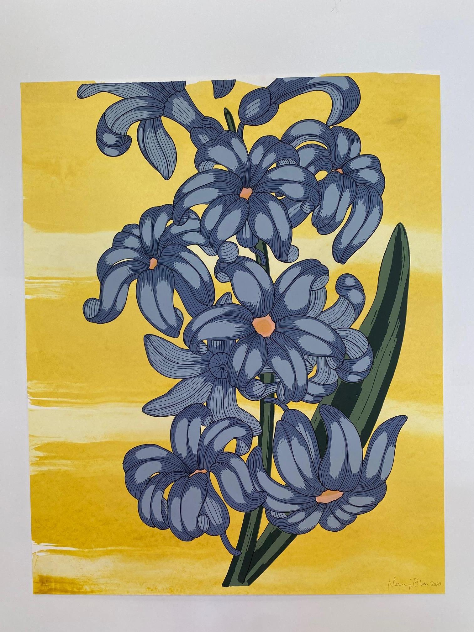 Nancy Blum Blue on Gold, Botanical Silkscreen Print, Periwinkle