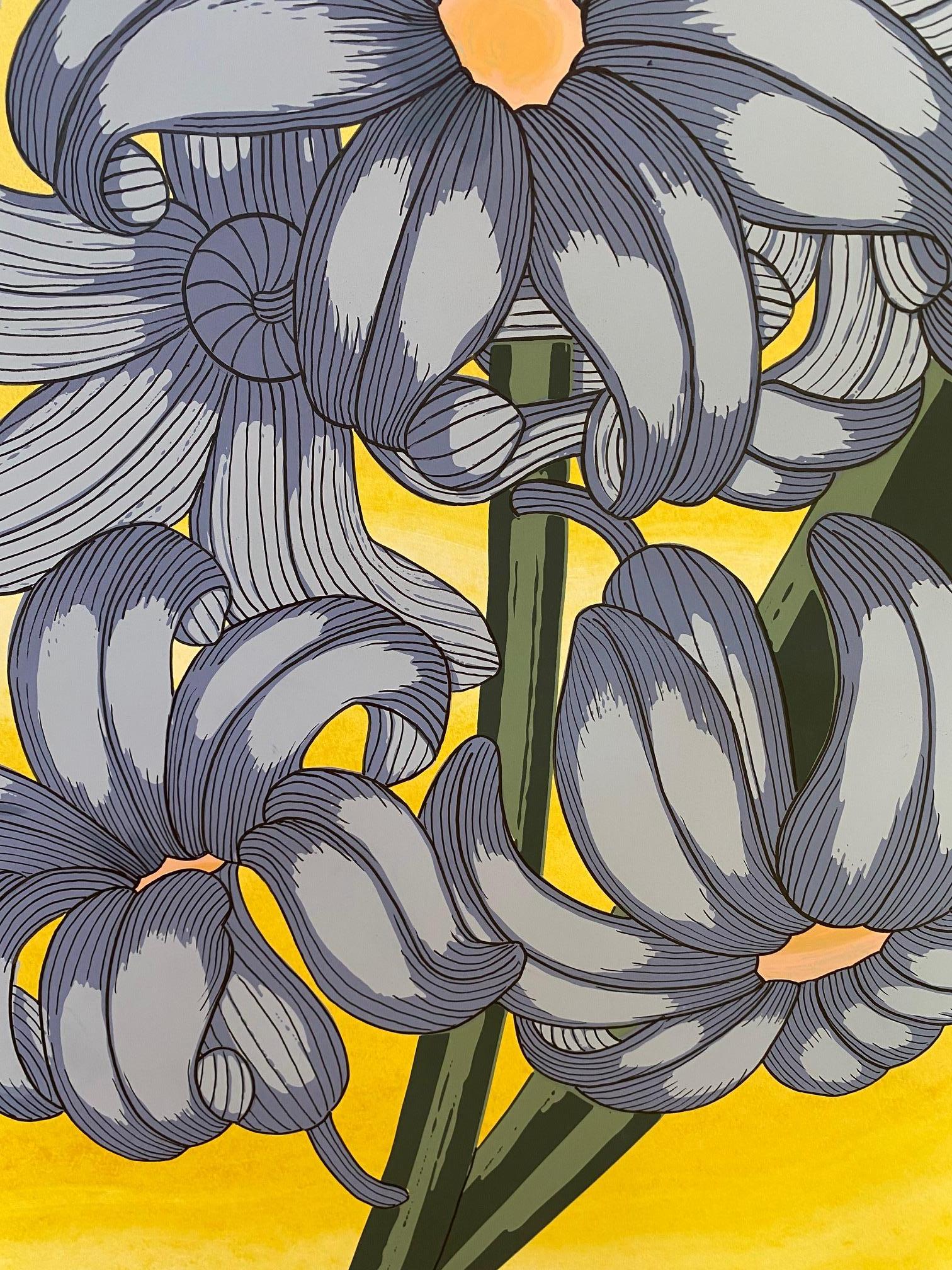 Blue on Gold, Botanical Silkscreen Print, Periwinkle Flower with Green on Yellow 2