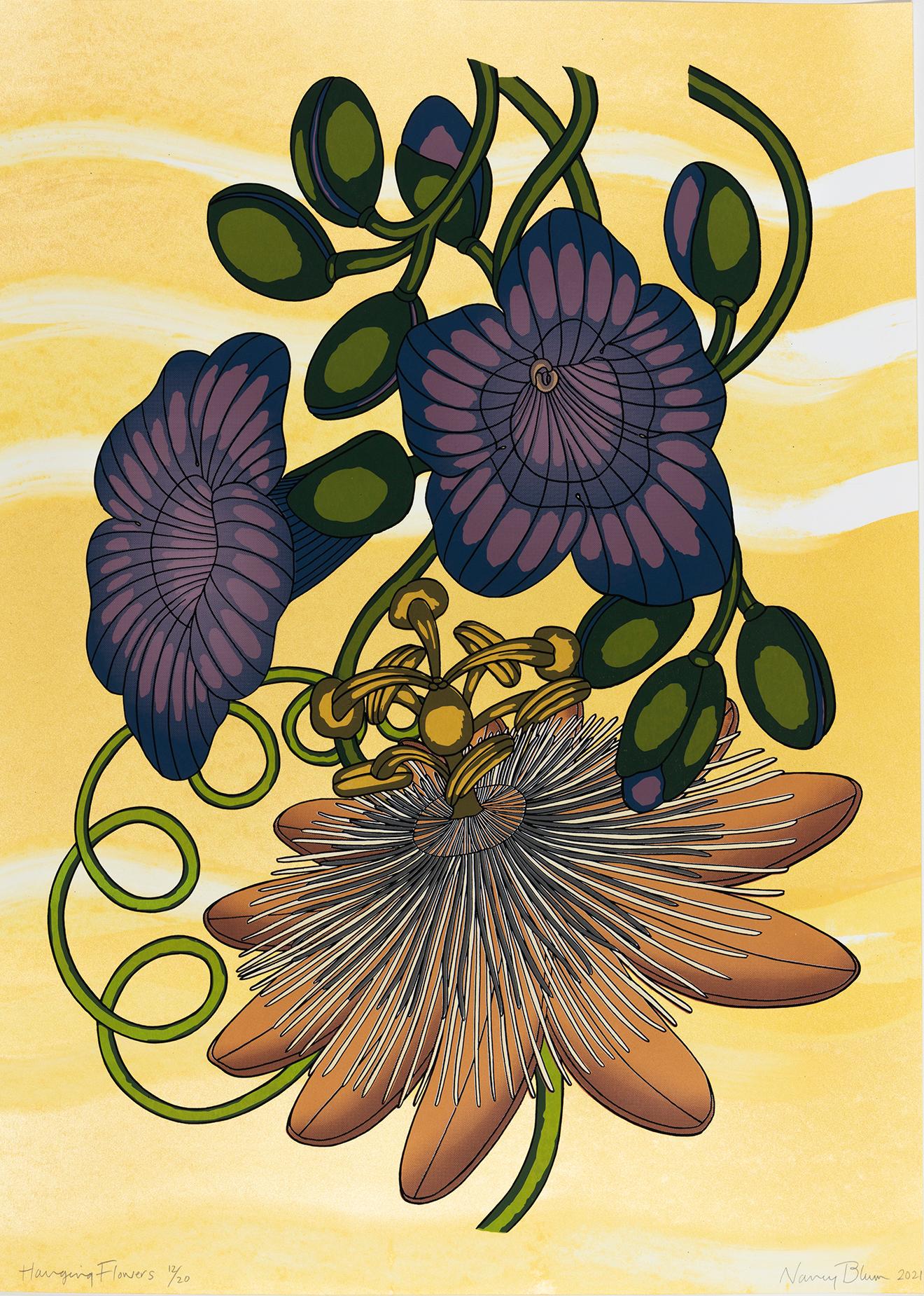 Hanging Flowers, Botanical Silkscreen Print, Orange, Mauve Taupe Flowers, Yellow - Art by Nancy Blum