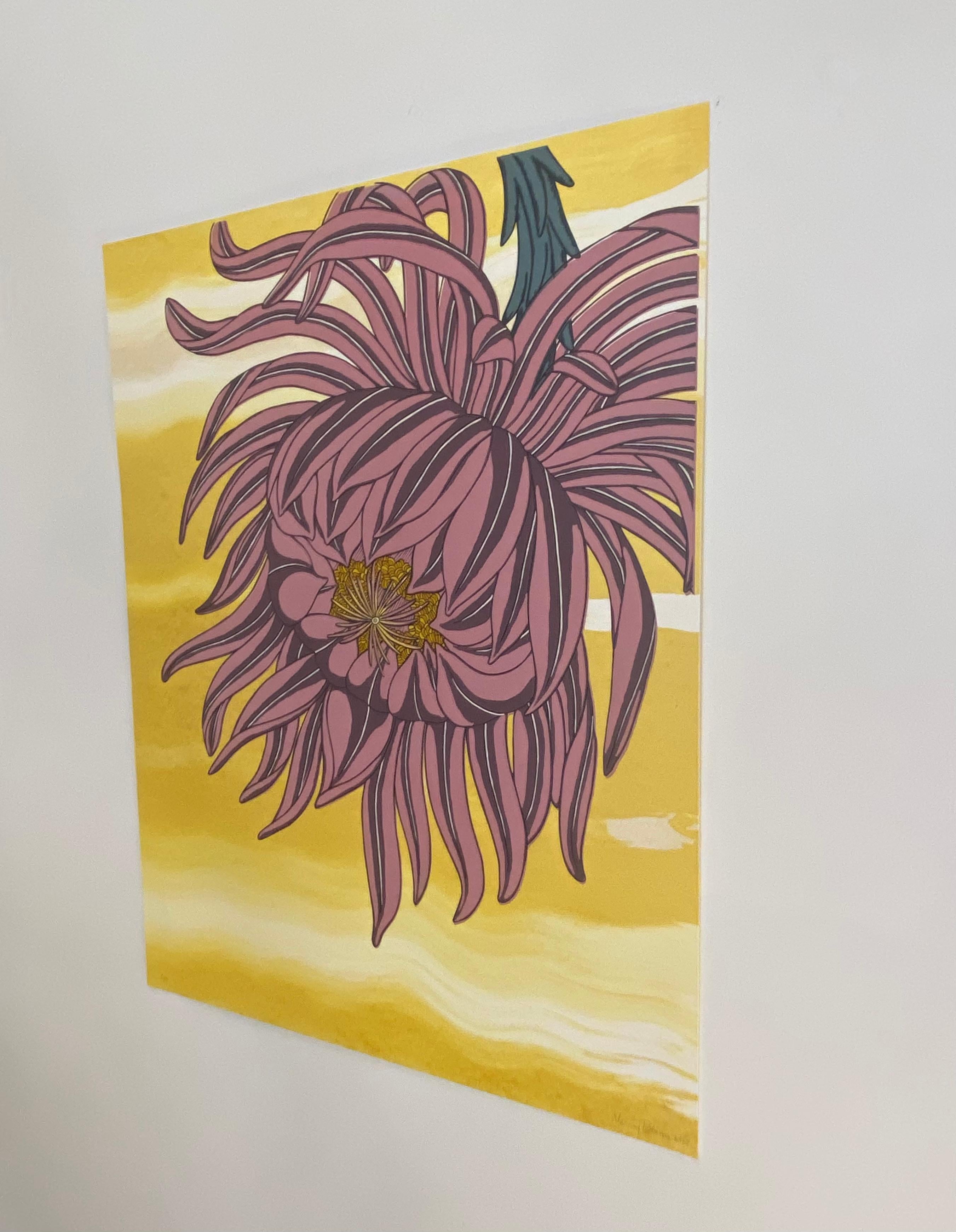 Mauve on Gold, Mauve Flower, Blue Gray, Bright Yellow Botanical Silkscreen Print For Sale 11