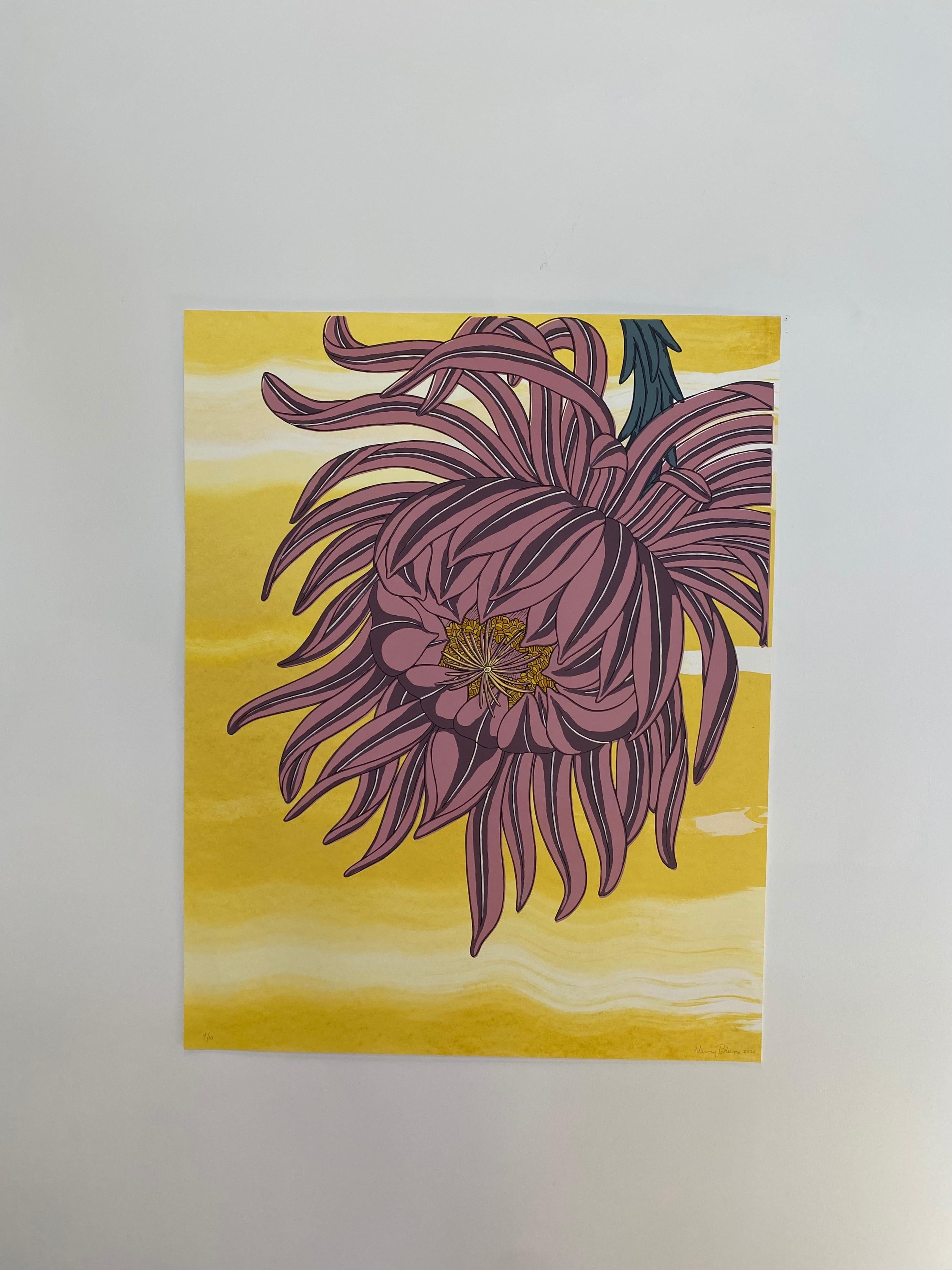 Mauve on Gold, Mauve Flower, Blue Gray, Bright Yellow Botanical Silkscreen Print - Contemporary Art by Nancy Blum