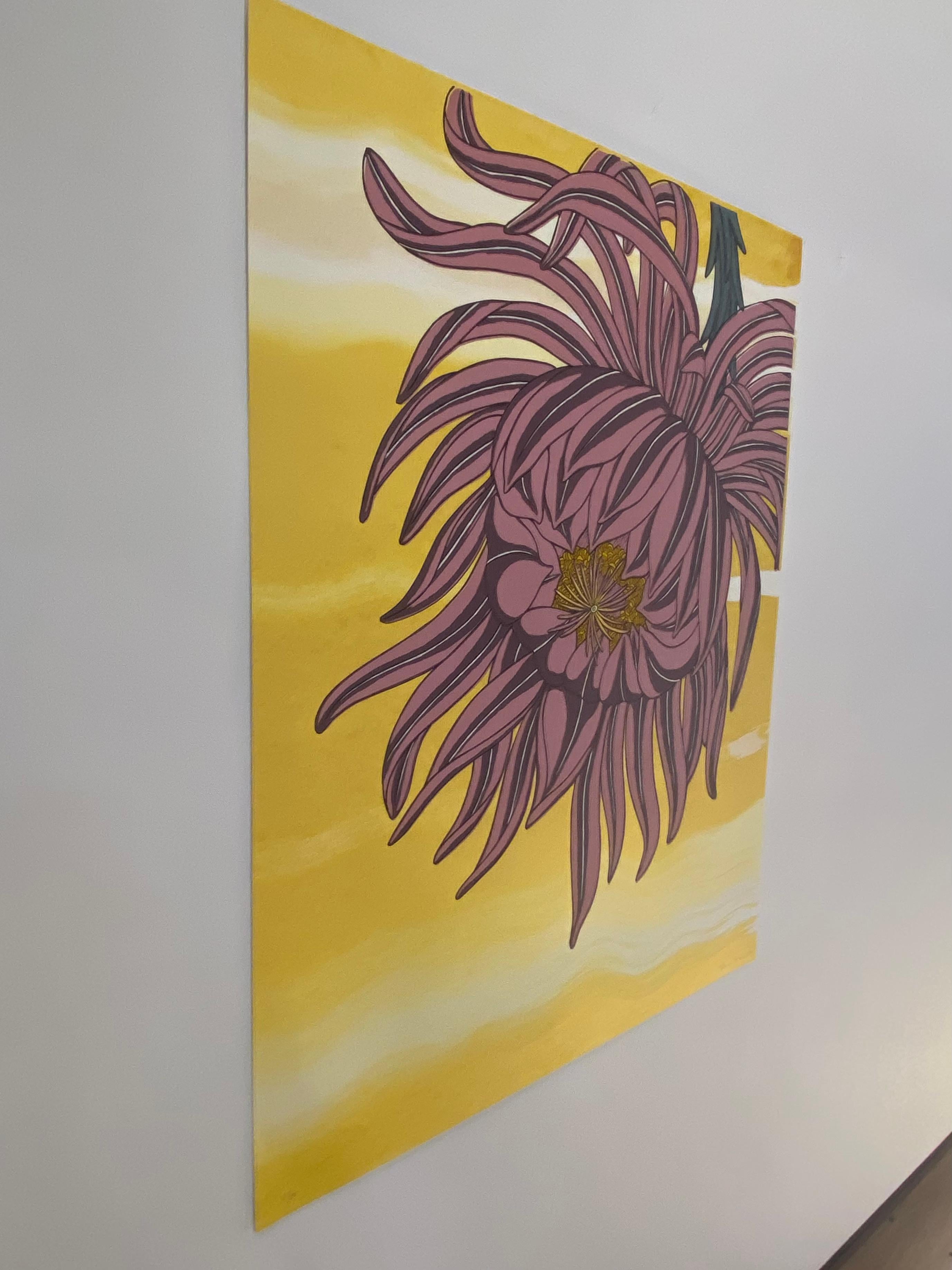 In this bright botanical work in pulled ink, silkscreen printing, gouache and hand-drawn lines on paper, a single mauve, magenta flower hanging downward with a blue gray stem is dramatic against a luminous golden yellow background. 

Signed, titled,