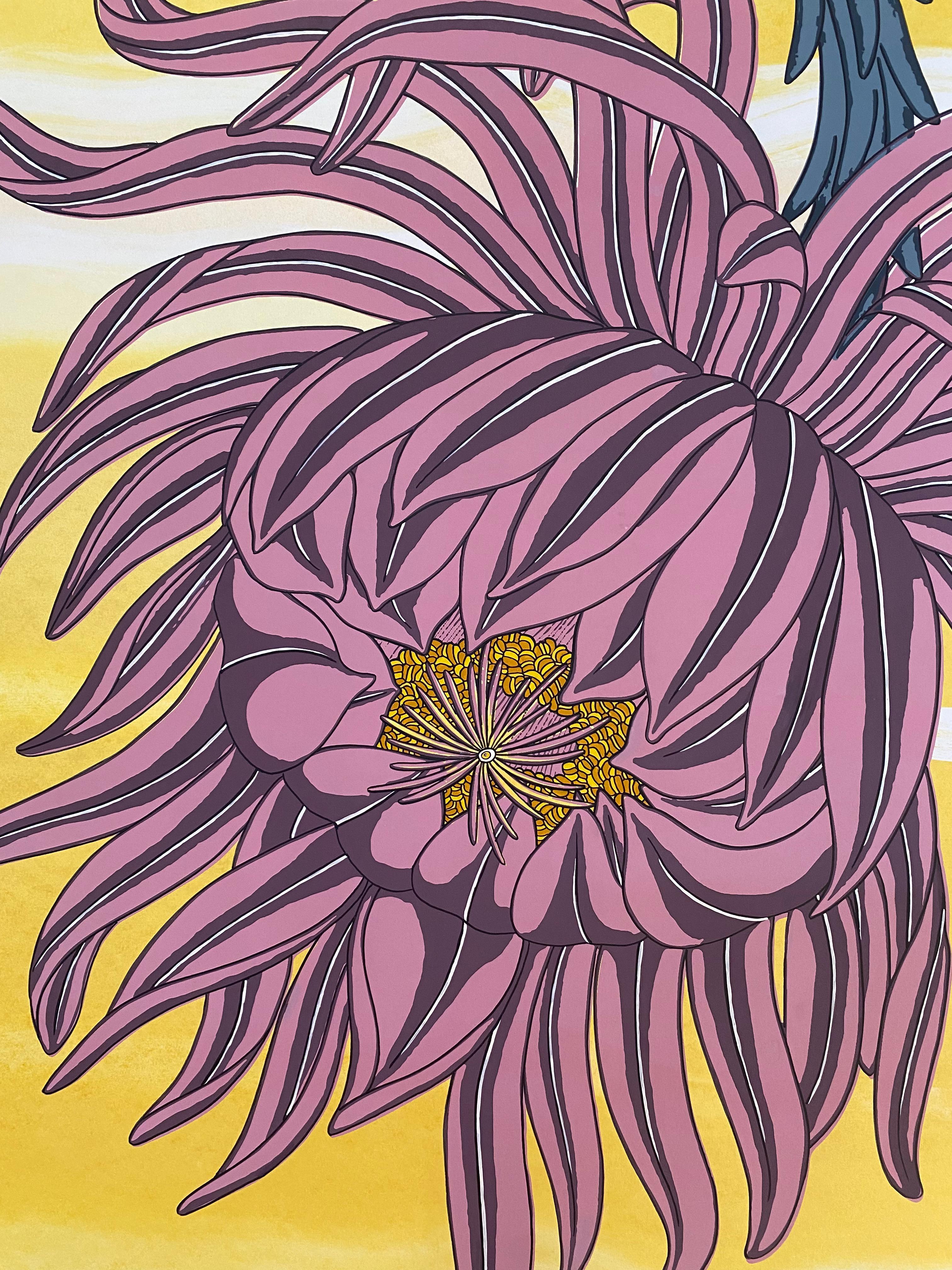 Mauve on Gold, Mauve Flower, Blue Gray, Bright Yellow Botanical Silkscreen Print For Sale 3