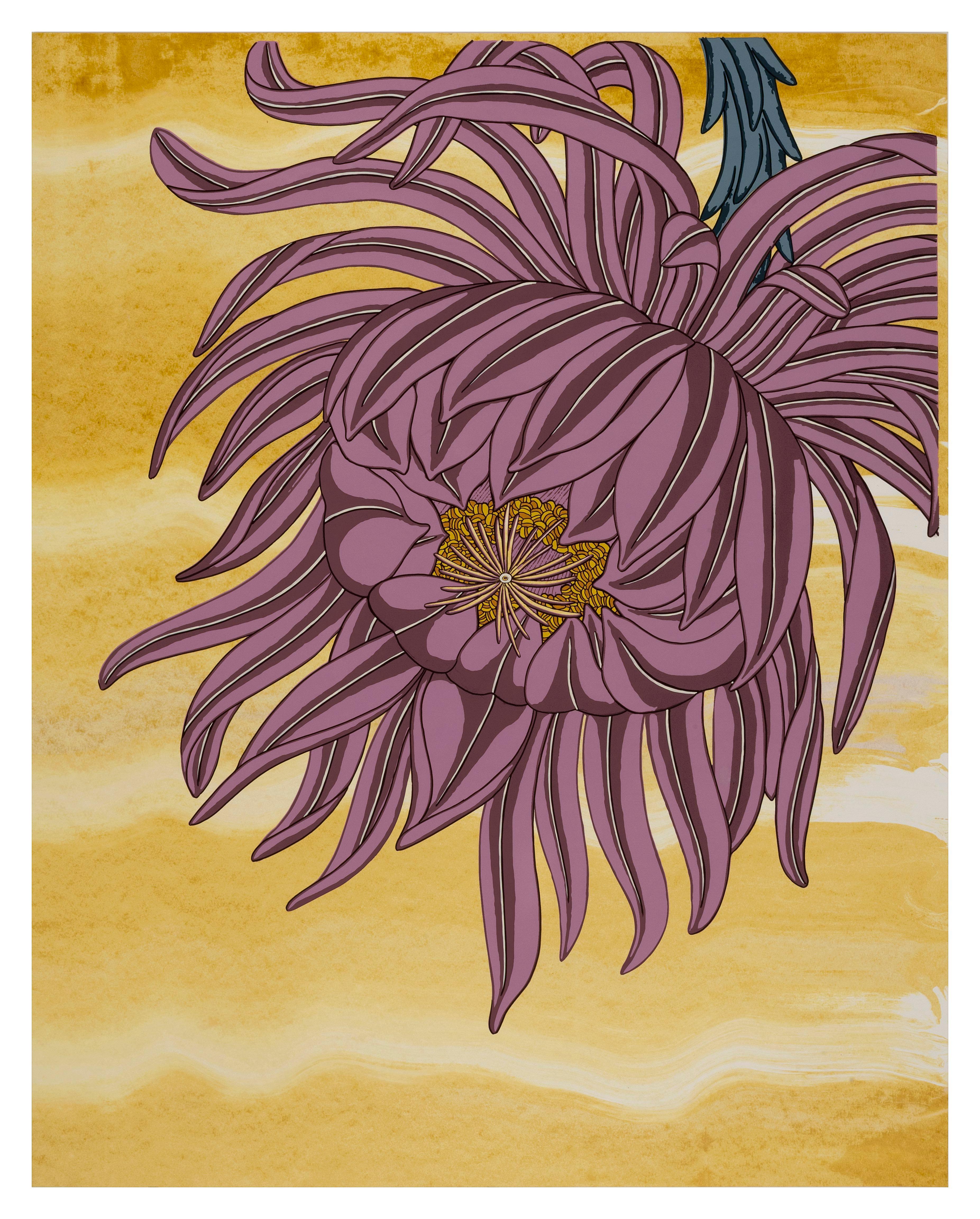 Mauve on Gold, Mauve Flower, Blue Gray, Bright Yellow Botanical Silkscreen Print - Art by Nancy Blum