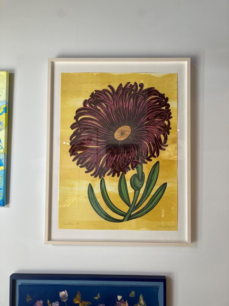 Nancy Blum Red Bloom, Botanical Silkscreen Print, Dark Magenta Flower