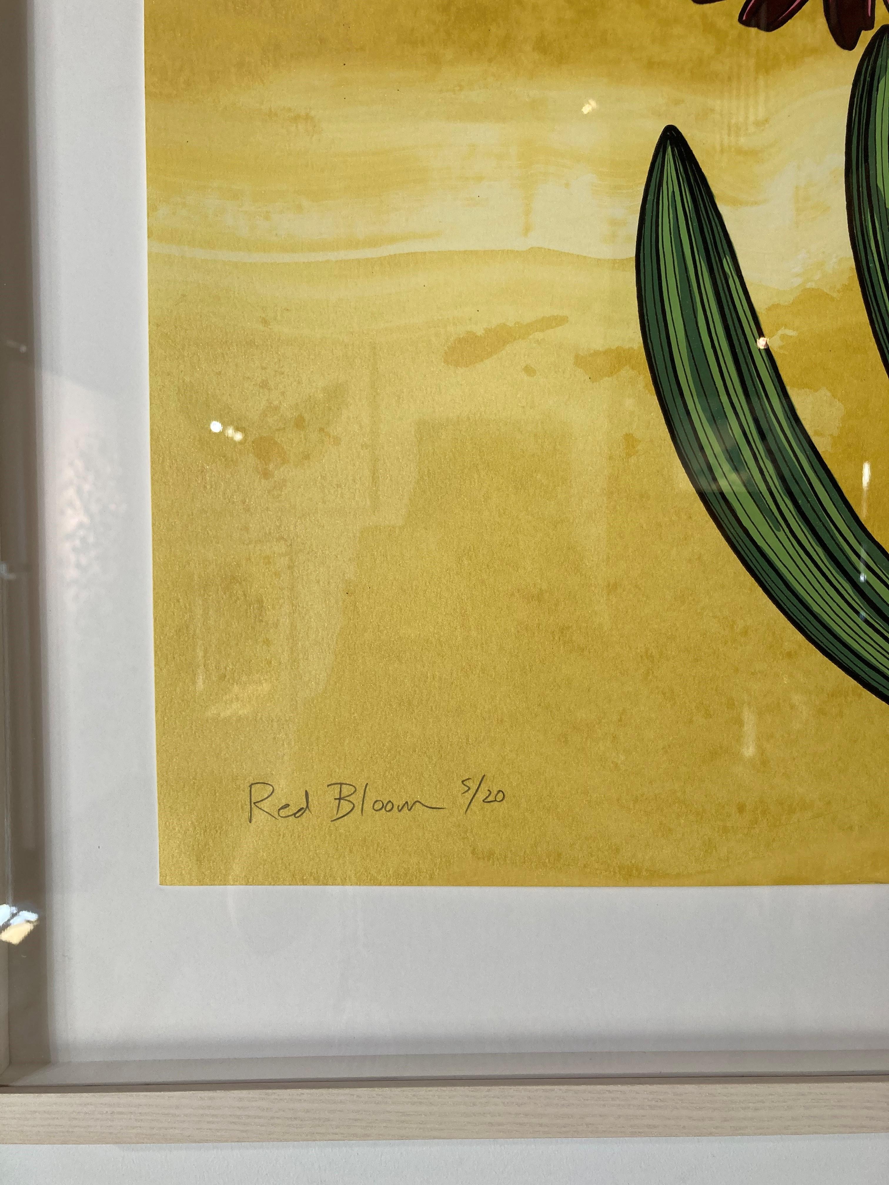 Red Bloom, Botanical Silkscreen Print, Dark Magenta Flower with Green on Yellow - Contemporary Art by Nancy Blum
