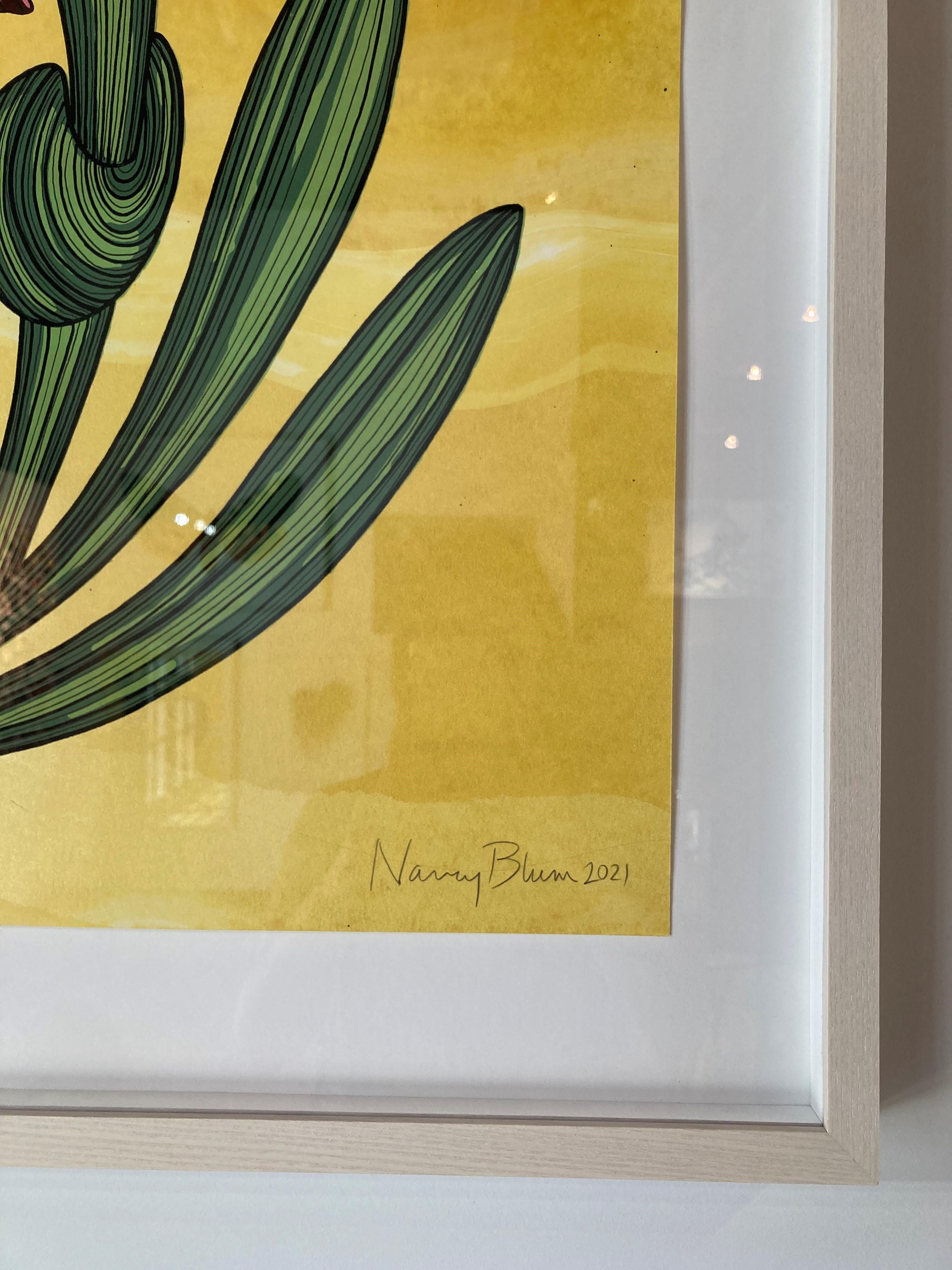 In this bright botanical work in pulled ink, silkscreen printing and hand-drawn lines on paper, a single dark magenta flower with verdant green leaves and stems is dramatic against a luminous yellow gold background. 

Signed, titled, dated and