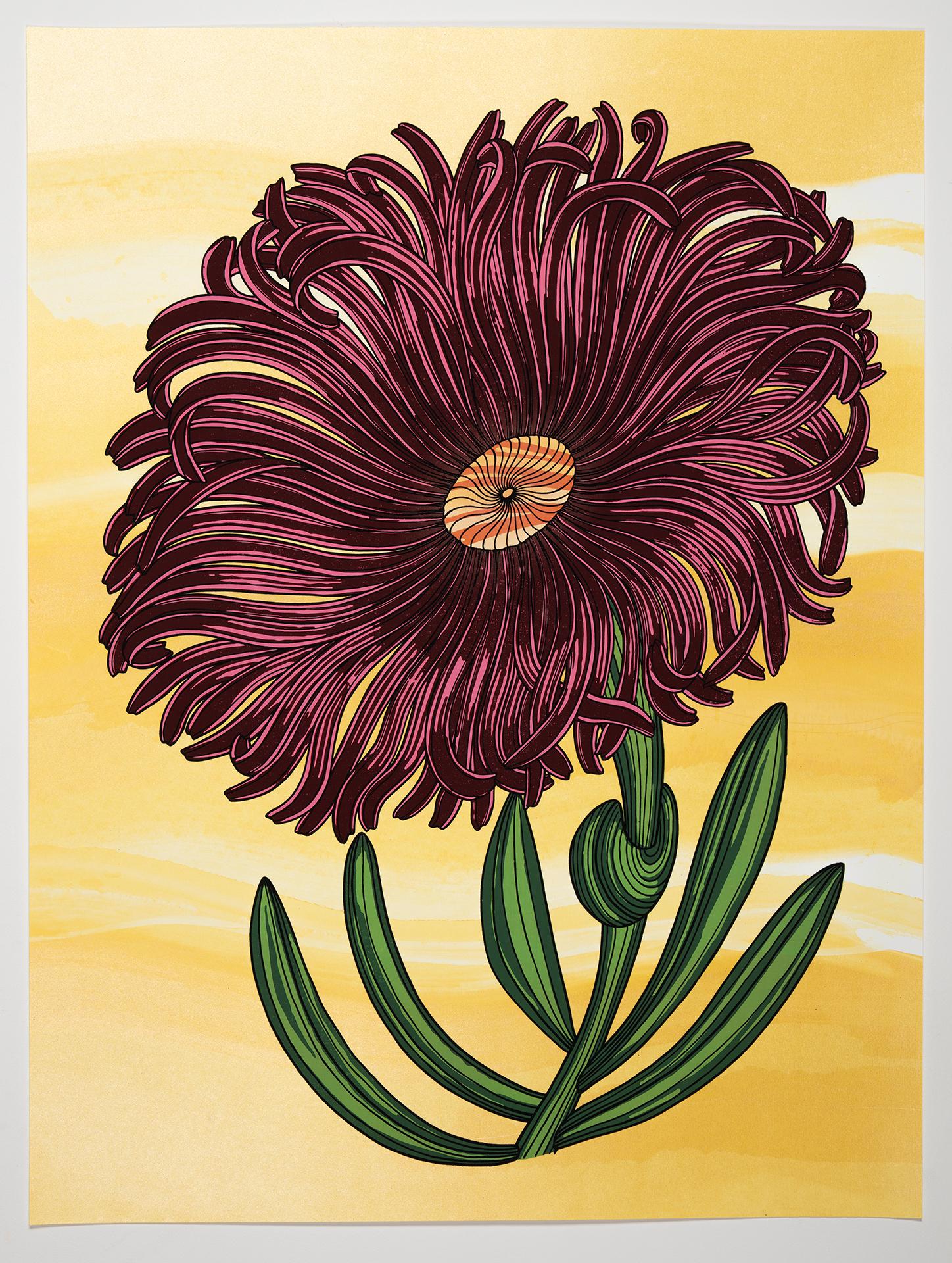 Red Bloom, Botanical Silkscreen Print, Dark Magenta Flower with Green on Yellow - Art by Nancy Blum