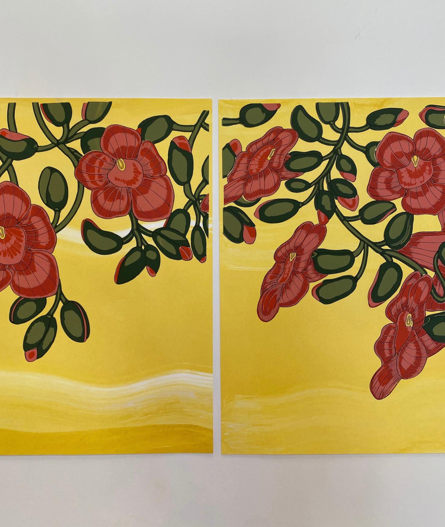 In this bright botanical diptych in pulled ink, silkscreen printing, gouache and hand-drawn lines on paper, dark coral red flowers with verdant green leaves and stems are dramatic against a luminous yellow gold background. 

Signed, titled, dated
